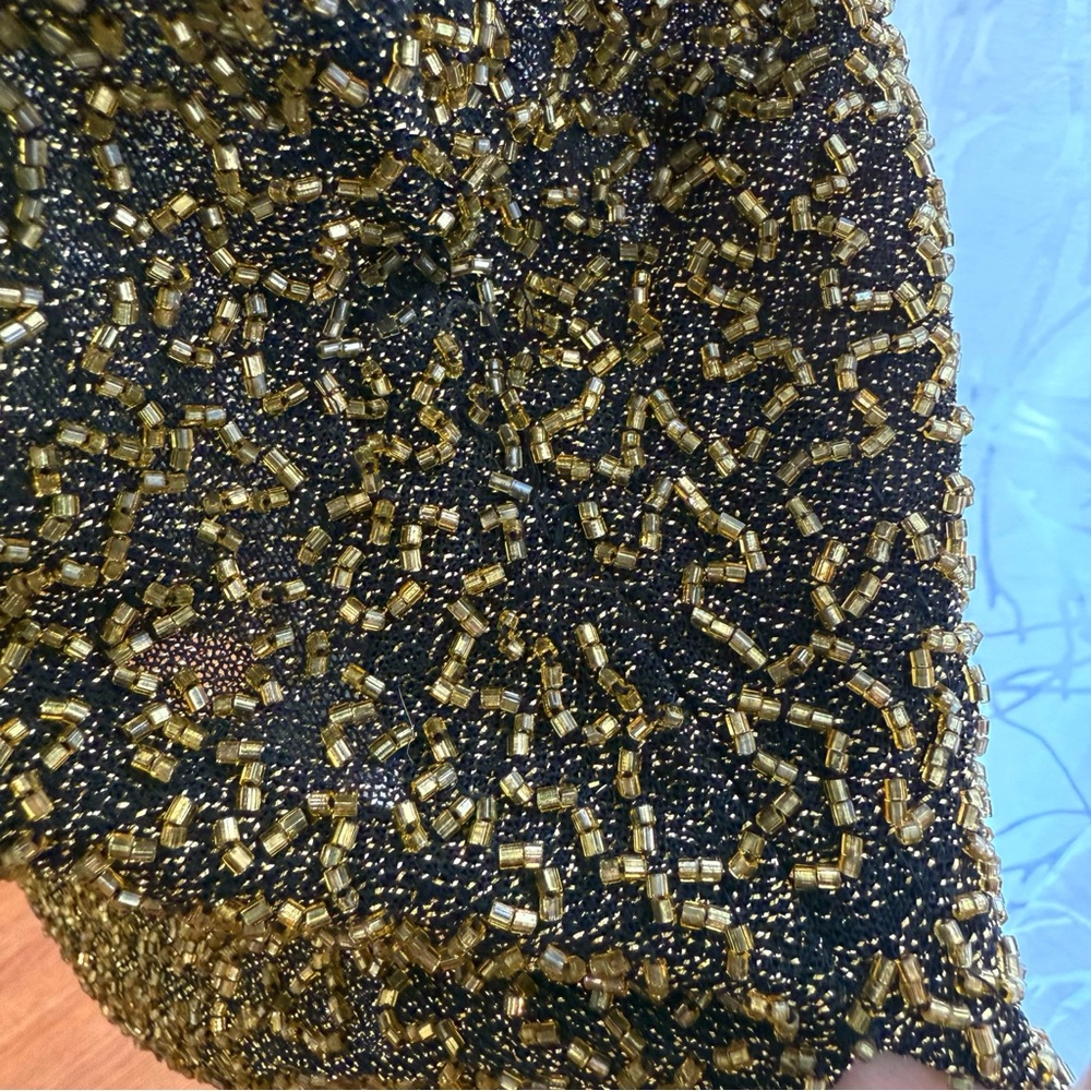 VINTAGE BLACK TIE OLEG CASSINI GOLD BEADED SLEEVELESS MIDI GOWN - Picture 10 of 16